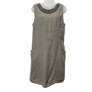 Lina Tomei Italy Shift Dress XL 100% Linen Beaded Neck Sleeveless Lagenlook